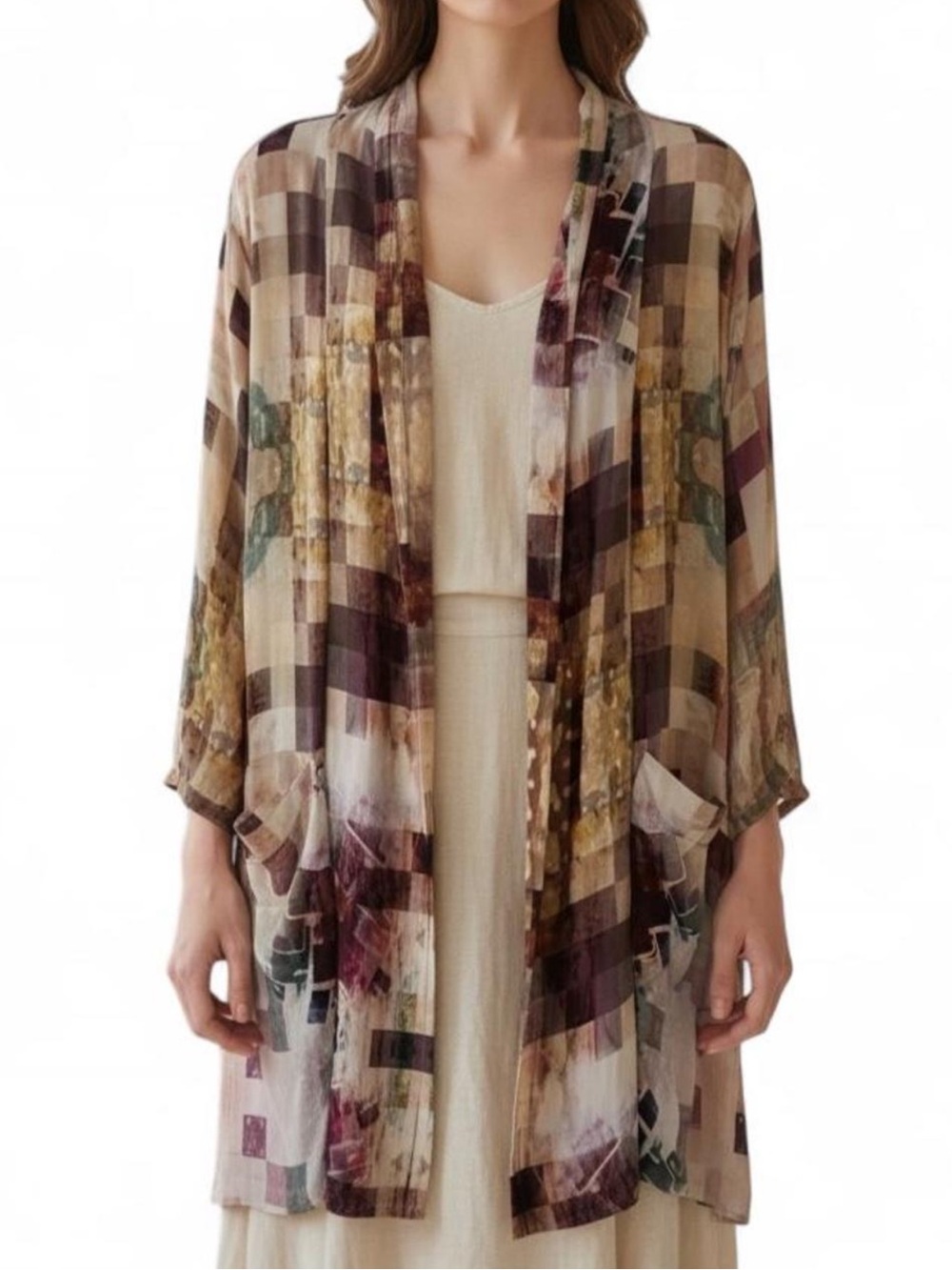 APNY Abstract Art Print Sheer Kimono Duster Open Front Pockets One Size